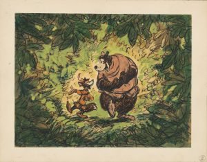 Robin Hood, 1973. Artista del estudio Disney. Estudio para la dirección de arte. Aguada, rotulador y tinta sobre papel. © Disney Enterprises Inc. Exposición en CaixaForum Madrid.